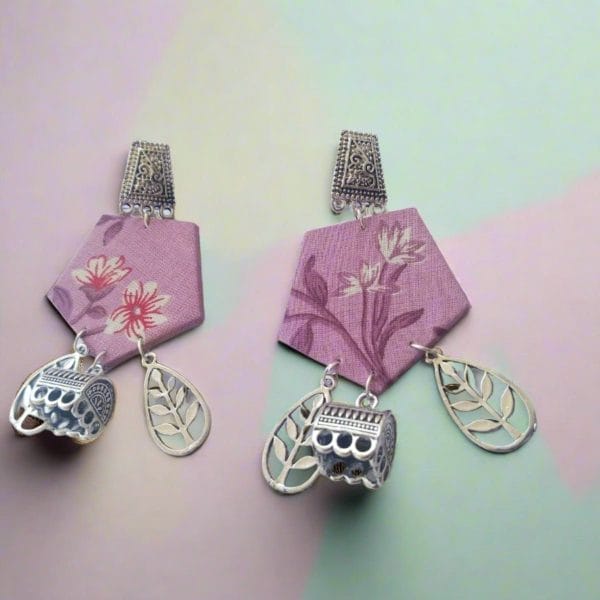 Rainvas Purple Printed Floral Earrings with Silver Charm Bottom