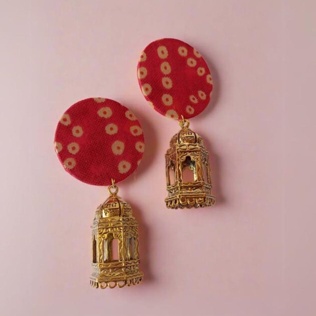 QXRred bandhani print golden jhumka earrings the serene by rainvas sustainable womens earrings brown living rvs ser ear 08 406059Alt