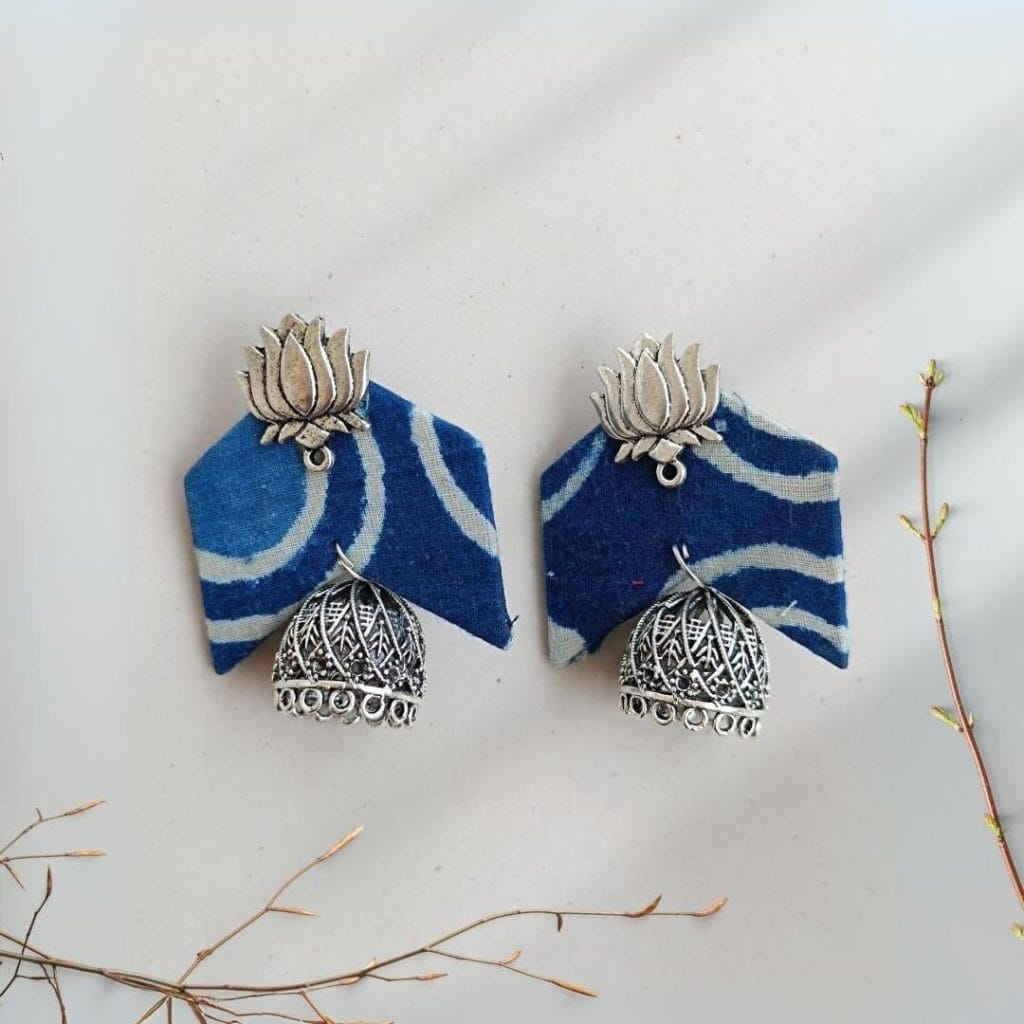 QXRindigo blue printed lotus charm handmade jhumka fabric earrings the serene by rainvas sustainable womens earrings brown living rvs ser ear 04 928263Alt