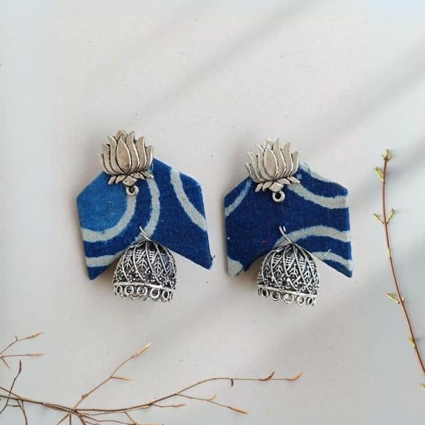 Rainvas Indigo Blue Printed Lotus Charm Jhumka Earrings
