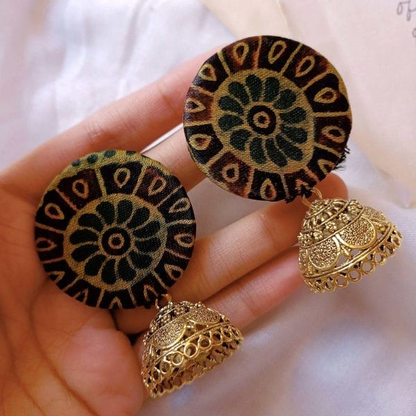 Rainvas Dark Green Printed Earrings with Golden Accents