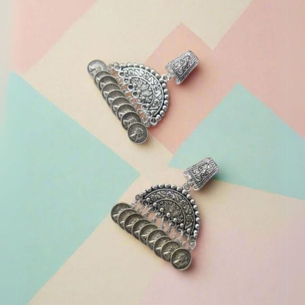 Rainvas Designer Silver Oxidized Coin Earrings