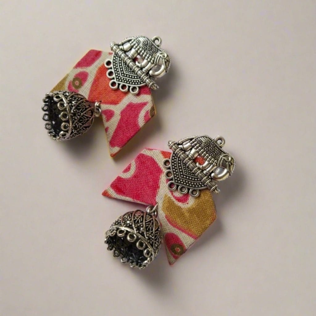 QXRpink floral printed fabric elephant charm oxidised jhumka the serene by rainvas sustainable womens earrings brown living rvs ser ear 88 543853Alt
