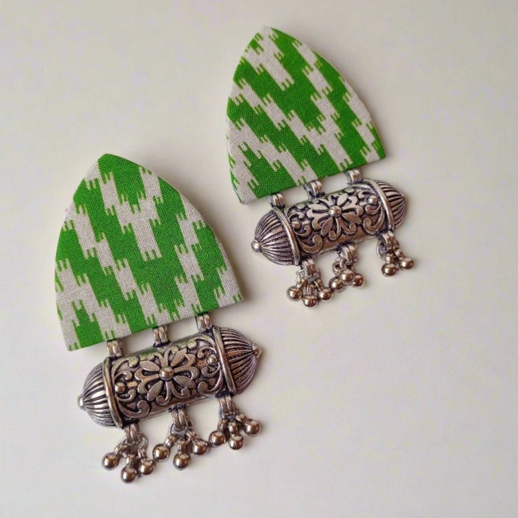 QXRlight green printed fabric ghungroo earrings the serene by rainvas sustainable womens earrings brown living rvs ser ear 54 545794Alt