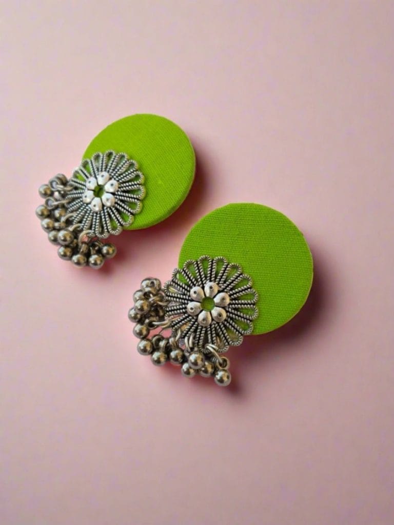 QXRsustainable lime green flower silver ghungroo studs earrings by the serene by rainvas at brownliving 867720Alt