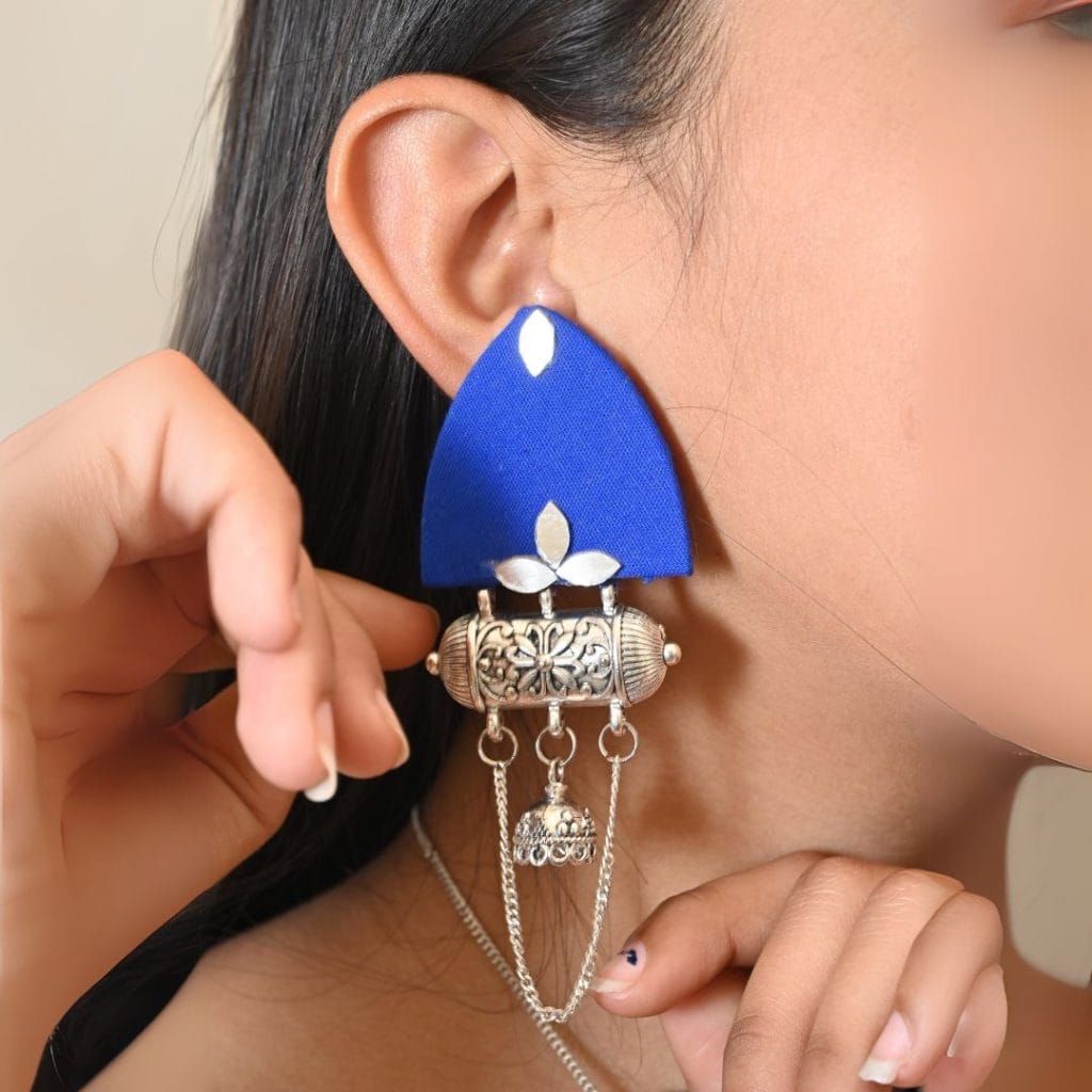 QXRsustainable blue mirror kundan oxidized jhumka with chain by the serene by rainvas at brownliving 602235Alt