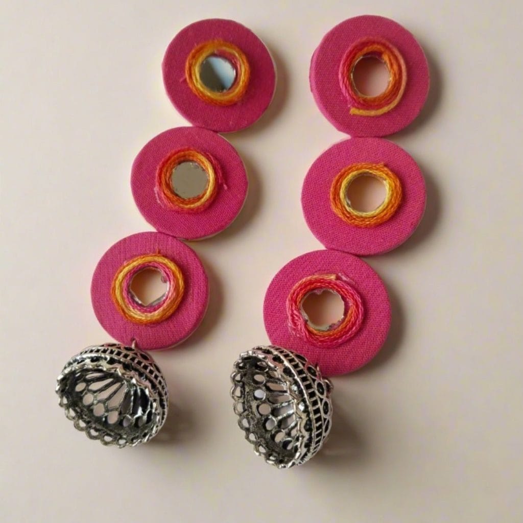 QXRthree drops pink mirror fabric long earrings the serene by rainvas sustainable womens earrings brown living rvs ser ear 87 498719Alt