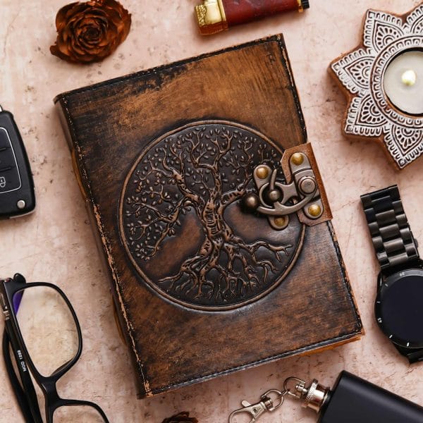 Handmade Tree of Life Leather Journal Diary – 200 Pages with Embossed Cover & Vintage Buckle Lock