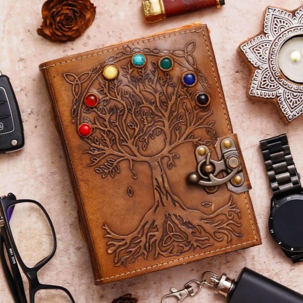Handmade Tree of Life Leather Journal Diary – 200 Pages with Gemstone Accents & Vintage Buckle Lock