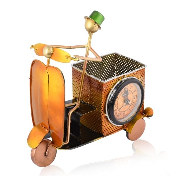 Scooter-Shaped Metal Pen Holder with Clock – Vintage Desk Decor (25x24 cm)