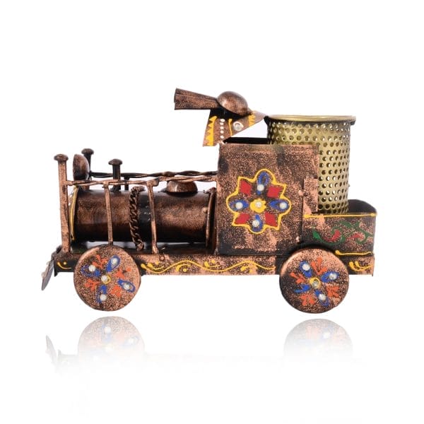 Vintage Train Engine Metal Pen Holder – Decorative Showpiece for Office, Home & Gifting