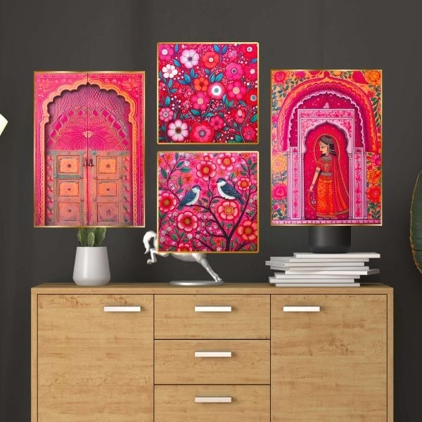 Set of 4 Golden Framed Wall Paintings – 13x10 Inch | Vibrant Wall Art for Living Room & Bedroom Decoration