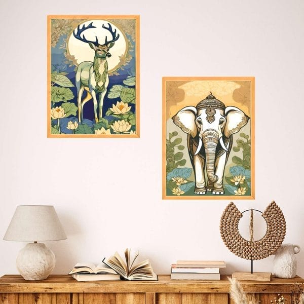 Elephant & Deer Framed Wall Poster Set – 18x12 Inches
