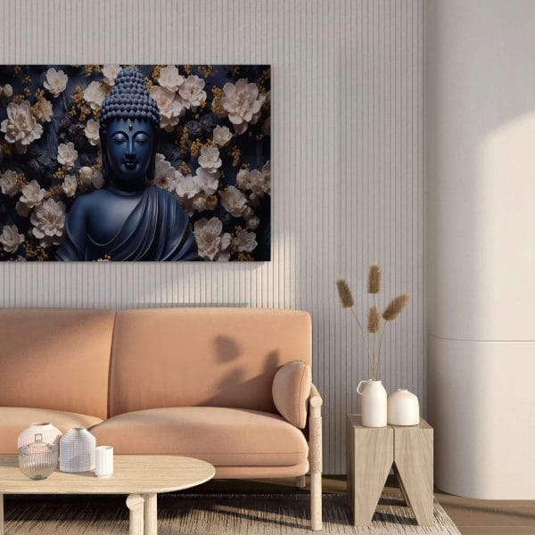 Blue Buddha Canvas Wall Painting with Floral Background – 34x22 & 22x16 Inches