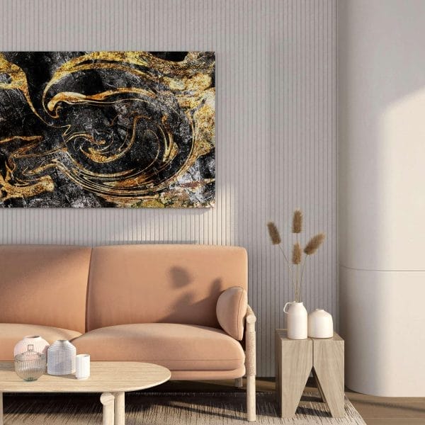 Modern Black & Gold Abstract Canvas Wall Painting – Framed Decorative Art for Home & Office | 34x22 & 22x16 Inches