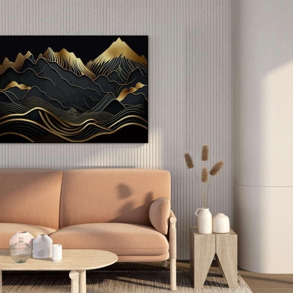 Black & Gold Abstract Mountain Canvas Wall Painting – Framed Art for Modern Home & Office | 34x22 & 22x16 Inches