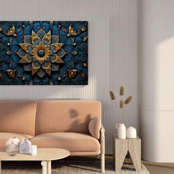 Blue & Gold Mandala Canvas Wall Painting – Framed Art for Home, Office & Meditation | 34x22 & 22x16 Inches