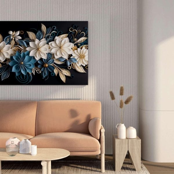 Blue & White 3D Floral Canvas Wall Art – 34x22 & 22x16 Inches