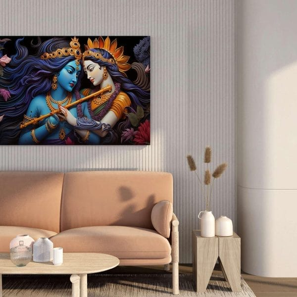 Radha Krishna Romantic Embrace Canvas Wall Painting – 34x22 & 22x16 Inches