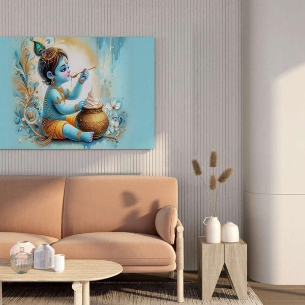 Baby Krishna Eating Butter Canvas Wall Art – 34x22 & 22x16 Inches