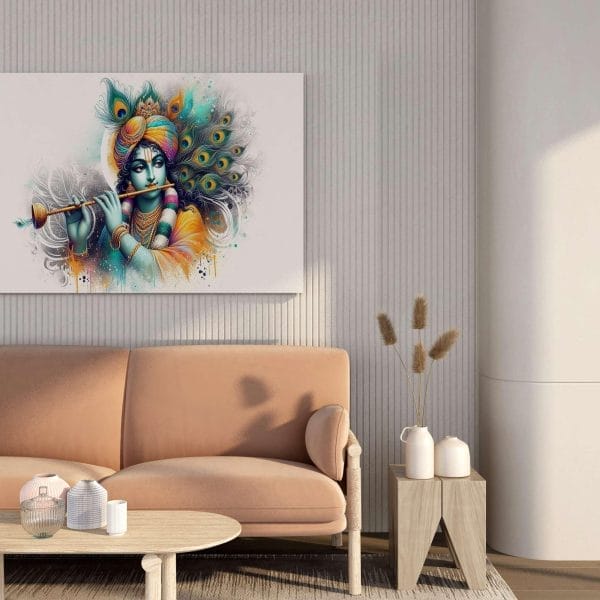 Radha Krishna Canvas Wall Painting with Peacock Feathers – 34x22 & 22x16 Inches