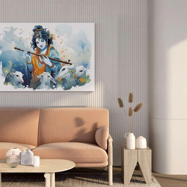 Krishna Playing Flute Canvas Wall Painting – Framed Devotional Art for Home & Office | 34x22 & 22x16 Inches
